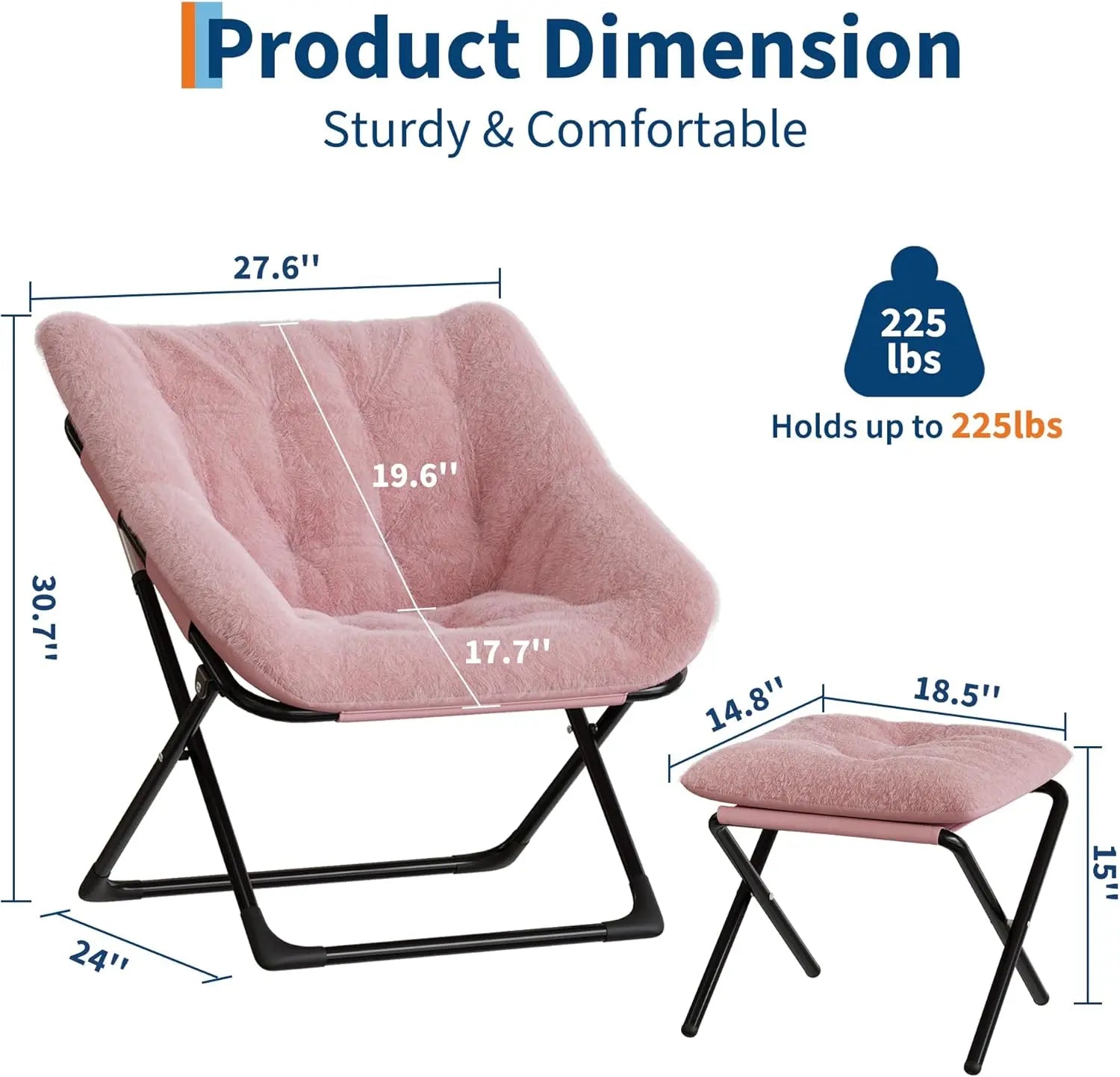 Faux Fur Foldable Lounge Chair with Ottoman | Steel Frame | 5 Colours