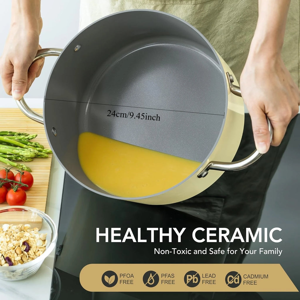 Nonstick Ceramic Stock Pot with Lid & Double Handles – Induction-Compatible 6QT Large Soup Pot for Stew, Pasta, Boiling, Everyday Cooking & Family Meals