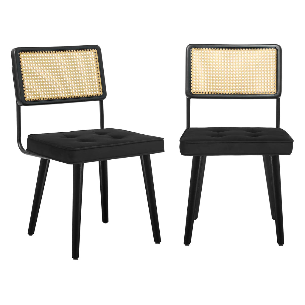 Rattan Back Dining Chair with Velvet Seat | Wooden Legs | 3 Colours