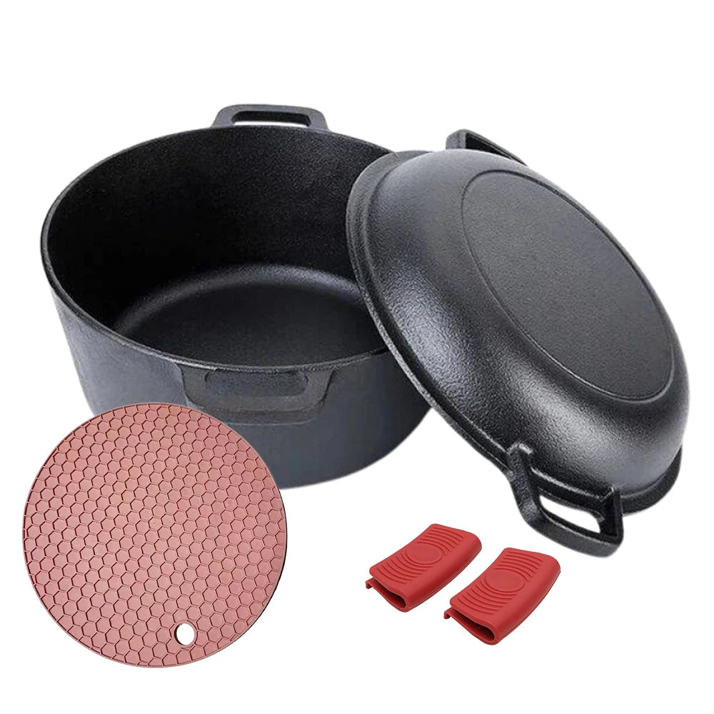 Pre-Seasoned 26cm Cast Iron Dutch Oven with Skillet Lid, Dual Handles – 2-in-1 Combo Pot & Pan Set – Includes Anti-Slip Mat & Silicone Clips, Multi-Purpose Cookware Set, Best for Frying, Searing,Stewing, Roasting, Bread, Baking, Camping & BBQ United Kingdom