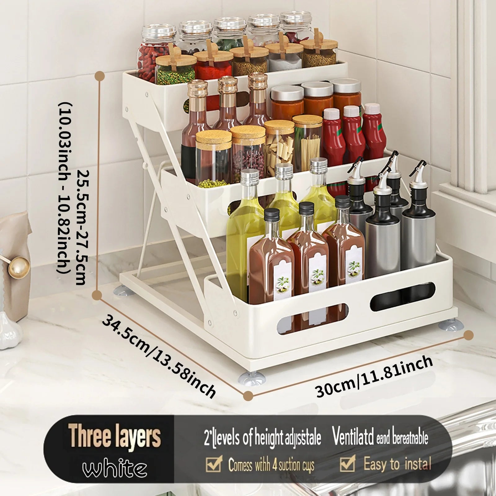 3-Tier Height-Adjustable Pull-Out Kitchen Spice Rack – Countertop Storage Organiser for Spice Bottles, Oils & Jars, Foldable & Rust-Resistant, Available in Black & White white