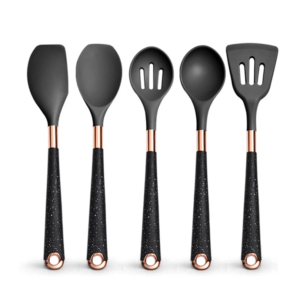 Silicone Cooking Utensils Set with Gold-Plated Handles – Non-Stick Safe, Heat Resistant | Black &amp; Beige | Available in 5, 7, 10 &amp; 12-Piece Sets Black — 5 Piece Set