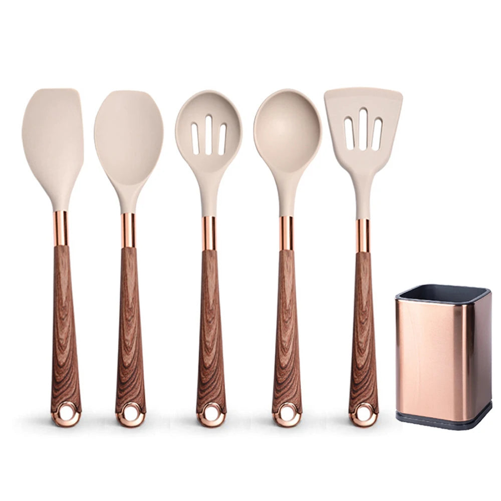 Silicone Cooking Utensils Set with Gold-Plated Handles – Non-Stick Safe, Heat Resistant | Black &amp; Beige | Available in 5, 7, 10 &amp; 12-Piece Sets Beige — 5 Piece with Holder