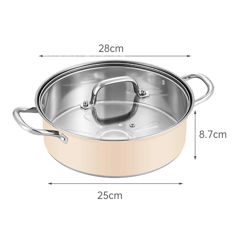 28cm Stainless Steel Stew Pot with Glass Lid – Induction Compatible, Suitable for Gas & Induction, Great for Soups, Stews, and Everyday Cooking Light Yellow