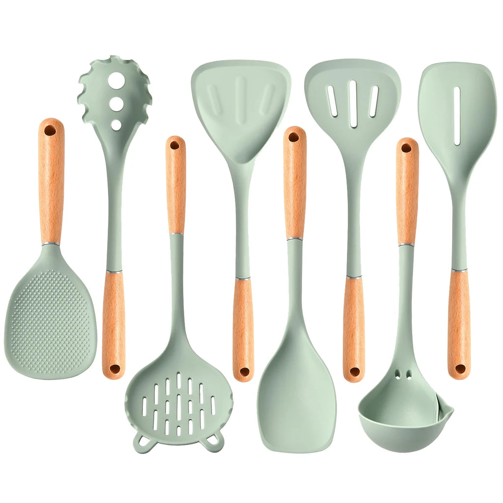 8-Piece Silicone Kitchen Utensils Set with Wooden Handles – Non-Stick Safe | Cream, White & Green Green