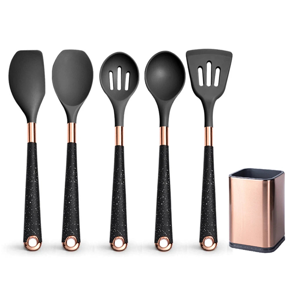 Silicone Cooking Utensils Set with Gold-Plated Handles – Non-Stick Safe, Heat Resistant | Black &amp; Beige | Available in 5, 7, 10 &amp; 12-Piece Sets Black — 5 Piece Set with Holder