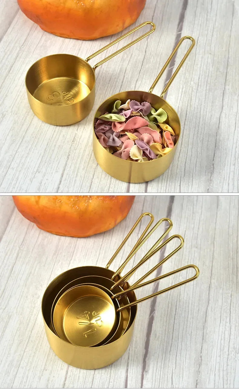 Golden Stainless Steel Measuring Cups & Spoons Set – Stackable Kitchen Baking Tools, Available as 4 Cups, 5 Spoons or 9-Piece Set