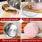 16-Piece Pink Stainless Steel Cookware & Kitchenware Set – Cooking Pots and Stockpots with Glass Lids, Silicone Kitchen Utensils, Stylish Cookware for Everyday Cooking