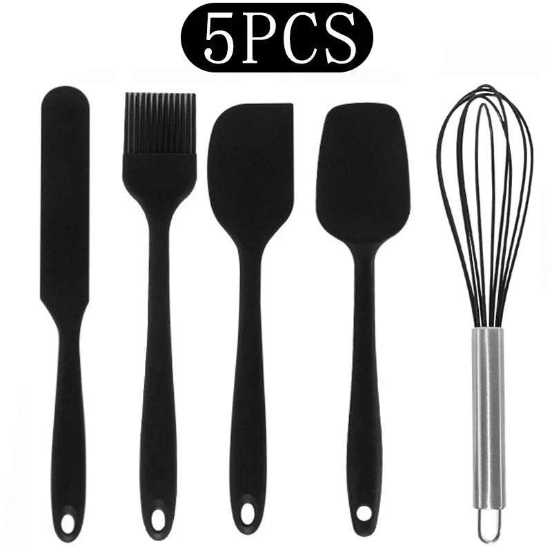 Silicone Kitchen Utensils Set with Stainless Steel Handles – Non-Stick, Heat-Resistant Cooking Utensils for Everyday Cooking & Baking, Available in 4 Colours & Multiple Set Sizes 5-Piece Black