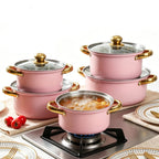 16-Piece Pink Stainless Steel Cookware & Kitchenware Set – Cooking Pots and Stockpots with Glass Lids, Silicone Kitchen Utensils, Stylish Cookware for Everyday Cooking United Kingdom