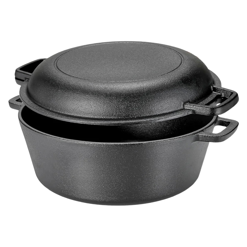 Pre-Seasoned 26cm Cast Iron Dutch Oven with Skillet Lid, Dual Handles – 2-in-1 Combo Pot & Pan Set – Includes Anti-Slip Mat & Silicone Clips, Multi-Purpose Cookware Set, Best for Frying, Searing,Stewing, Roasting, Bread, Baking, Camping & BBQ