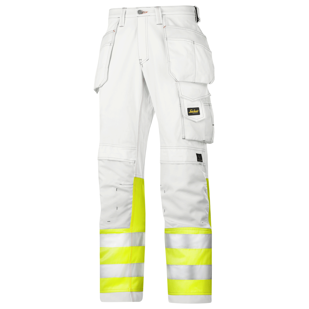 Snickers 3234 Painter’s Hi-Vis Trousers, Class 1 - White/Yellow, Waist 28" - Leg 32" - Snickers Size: 42