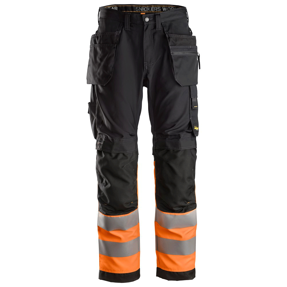 Snickers 6233 AllroundWork Hi-Vis Work Trousers Holster Pockets CL1 Various Colours Black Orange