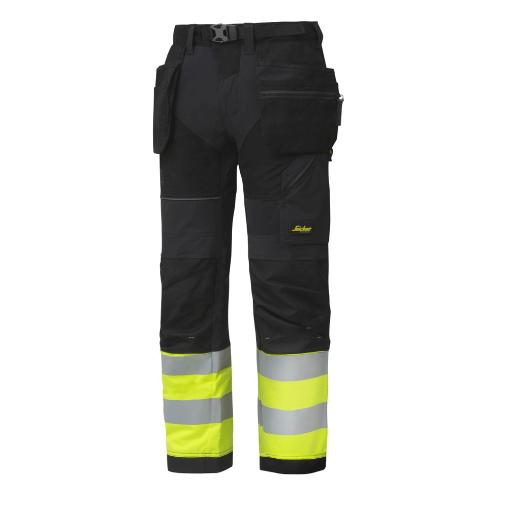 Snickers 6931 FlexiWork Hi-Vis Work Trousers Holster Pockets CL1 Various Colours Black Hi-Vis Yellow