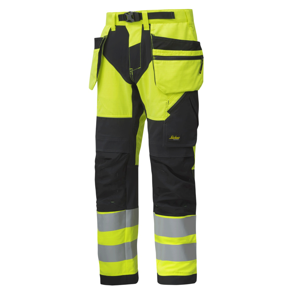 Snickers 6932 FlexiWork Hi-Vis Work Trousers Holster Pockets CL2 Hi-Vis Yellow Black