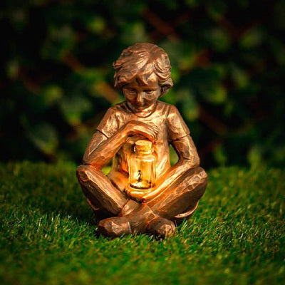 Solar Boy with LED Firefly Jar Garden Ornament