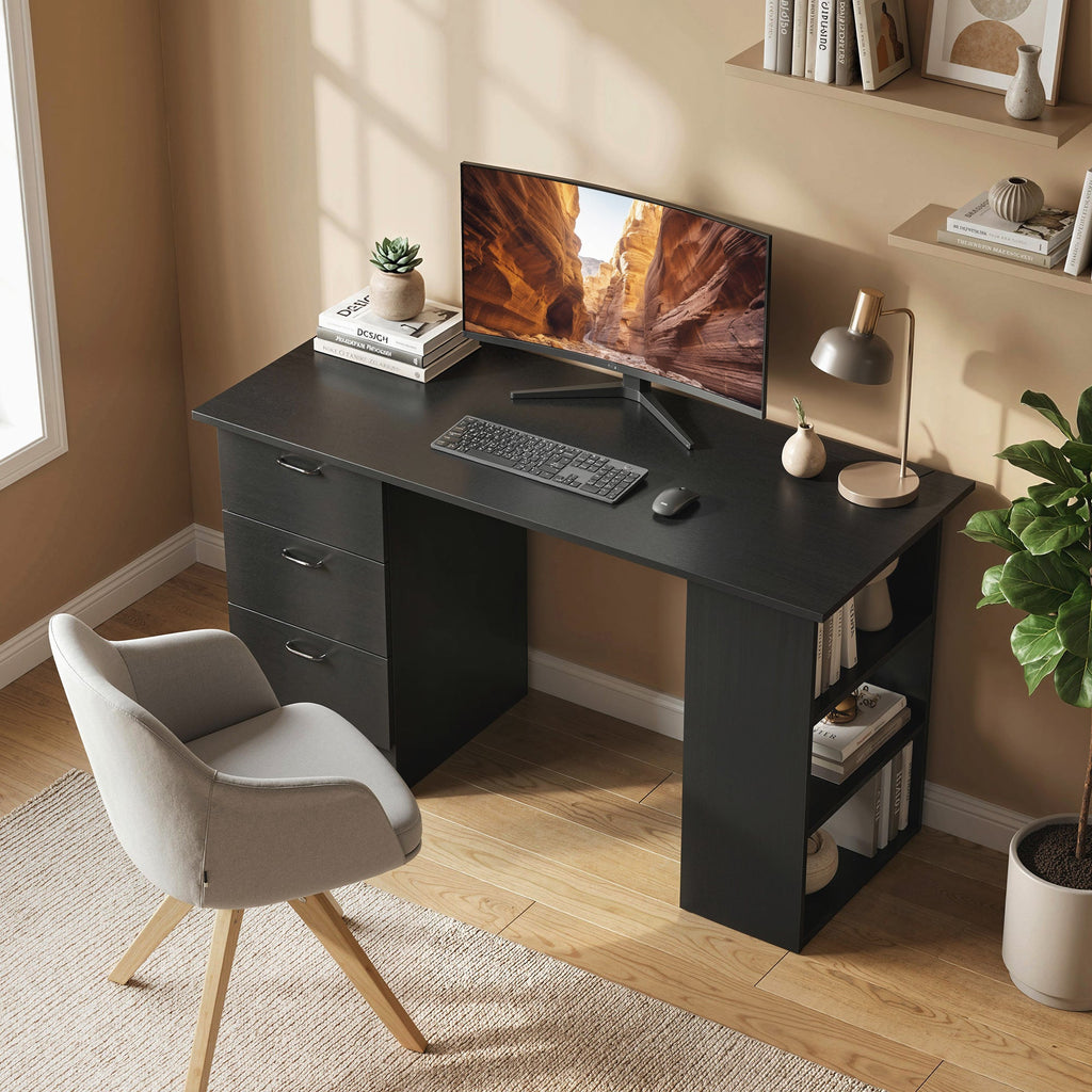 Computer Desk, Writing Table, PC Workstation with 3 Storage Shelves and Drawers, Handle, for Home Office, Black Black
