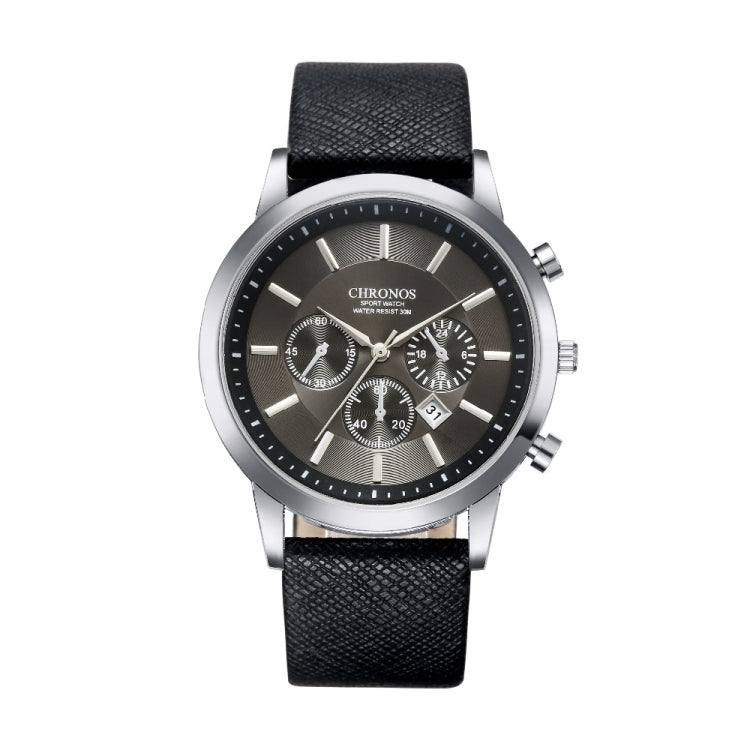 CHRONOS CH0401 Three-eye Six-needle Leather Belt Sports Watch for Men Black