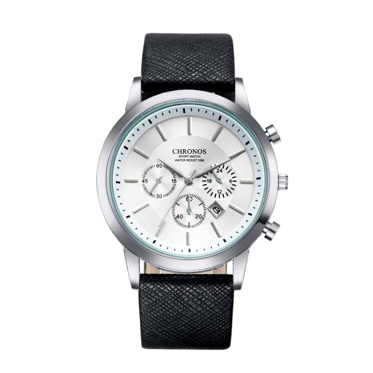 CHRONOS CH0401 Three-eye Six-needle Leather Belt Sports Watch for Men Black and White