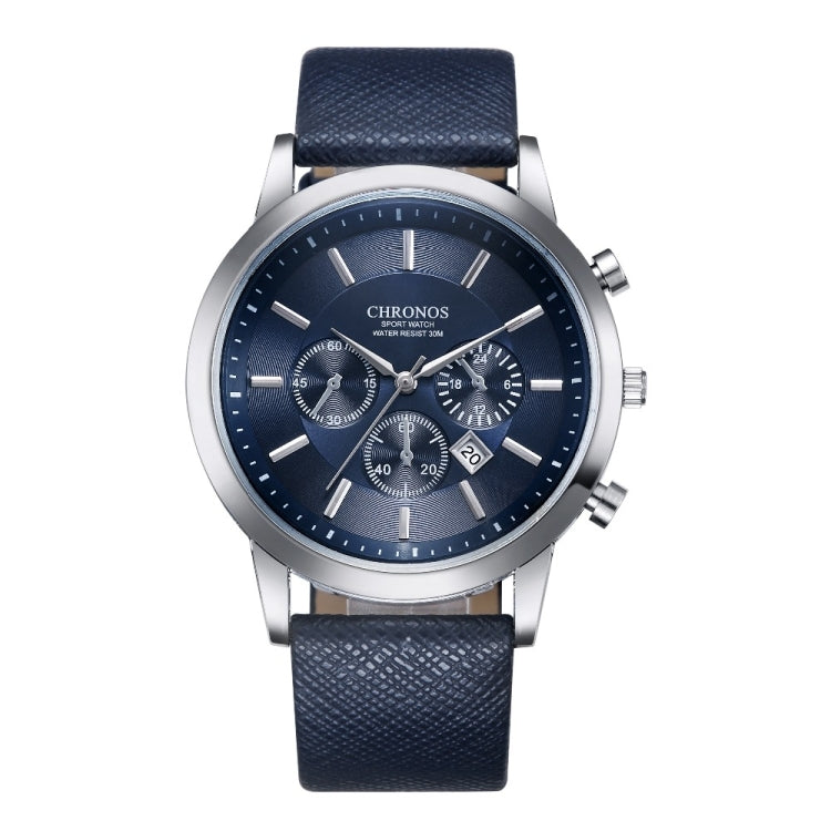CHRONOS CH0401 Three-eye Six-needle Leather Belt Sports Watch for Men Blue