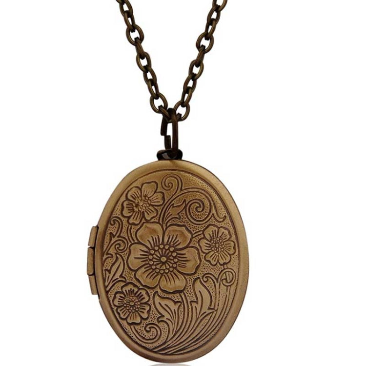 Vintage Antique Bronze Floral Patterns Carved Oval Locket Picture Memento Photos Box Necklace Default Title