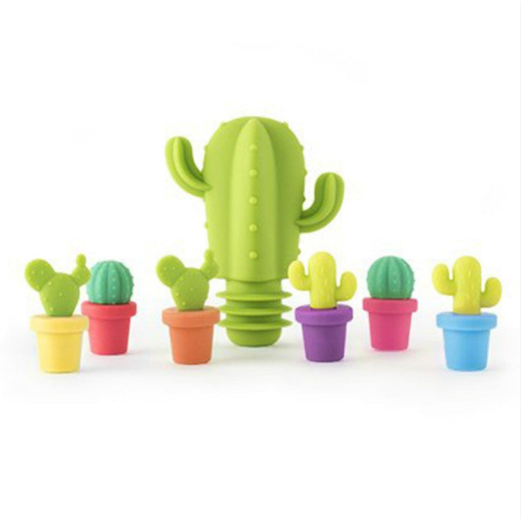 7 PCS Creative Cactus Silicone Wine Bottle Stopper + Wine Glass Marker Set, 7 in 1 Wine Bottle Stopper 7 in 1 Wine Bottle Stopper