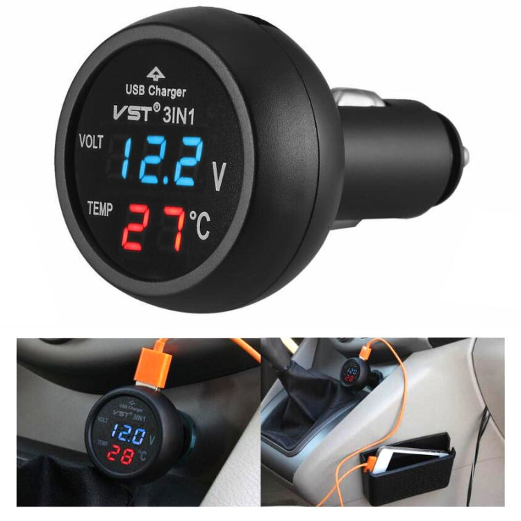 3 In 1 Car USB Charger Car Cigarette Lighter With Voltage Detection Display Multi-function Monitoring Table Red Blue