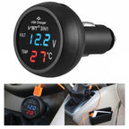 3 In 1 Car USB Charger Car Cigarette Lighter With Voltage Detection Display Multi-function Monitoring Table Red Blue