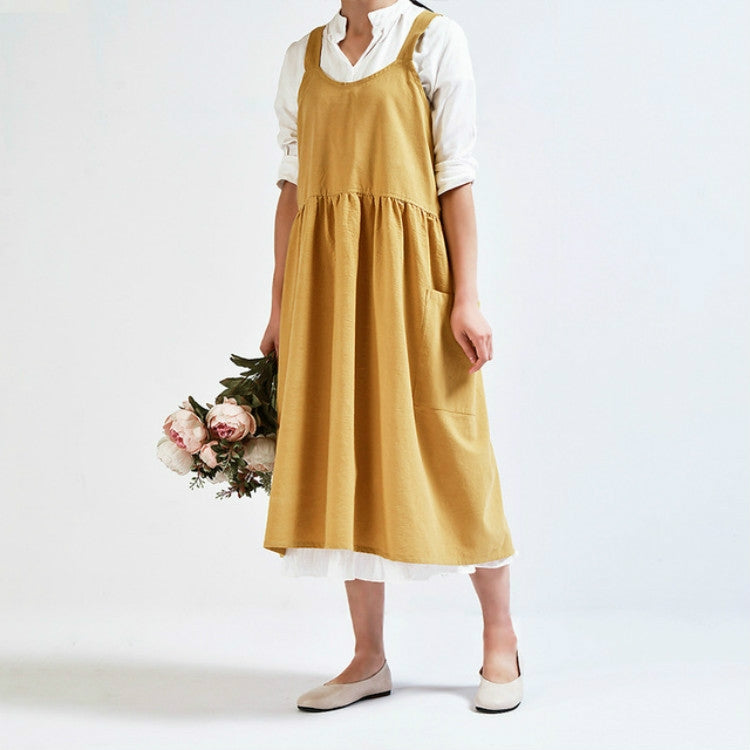 High Waist Cotton Linen Solid Color Apron Ginger