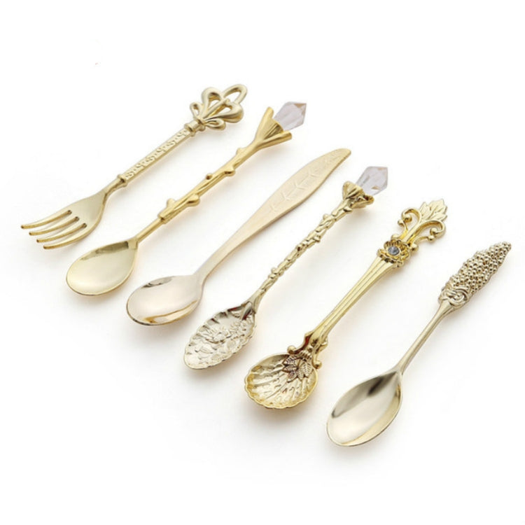 6pcs / Set Vintage Mini Coffee Spoons Suit Royal Style Metal Carved Coffee Fruit Cutler Dessert Flatware Kitchen Tools, Gold, Red Bronze, Antique Bronze（With Red Fork）, Antique Bronze（With Antique Fork）, Silver Gold