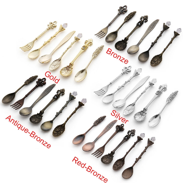 6pcs / Set Vintage Mini Coffee Spoons Suit Royal Style Metal Carved Coffee Fruit Cutler Dessert Flatware Kitchen Tools, Gold, Red Bronze, Antique Bronze（With Red Fork）, Antique Bronze（With Antique Fork）, Silver