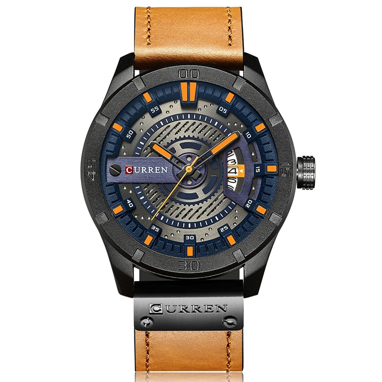 CURREN M8301 Men Military Sports Watch Quartz Date Clock Leather Wristwatch, black case orange, black case red, black case black face deep brown band, black case grey face light brown band, black case blue black case orange