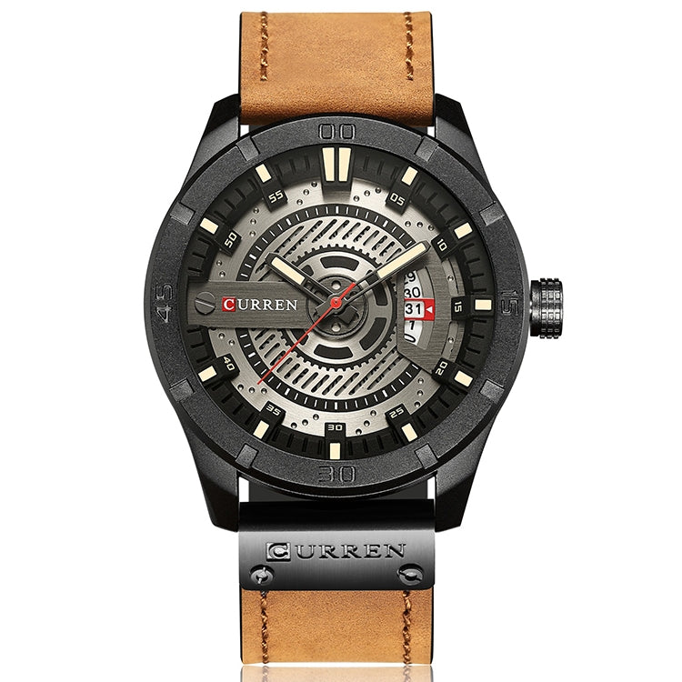 CURREN M8301 Men Military Sports Watch Quartz Date Clock Leather Wristwatch, black case orange, black case red, black case black face deep brown band, black case grey face light brown band, black case blue black case grey face light brown band