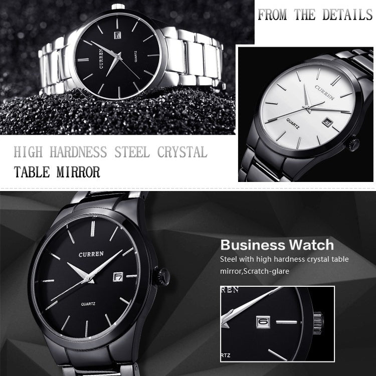 CURREN 8106 Fashion Business Calendar Waterproof Full Steel Quartz Watch, black case black face, white case black face, black case white face, white case white face