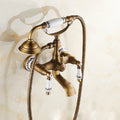 Antique Brass Wall Mounted Bathroom Tub Faucet Dual Ceramics Handles Telephone Style Hand Shower, Blue and White Telephone Shower, Telephone Shower + Fixed Seat, Telephone Shower + Blue and White Fixed Seat Blue and White Telephone Shower
