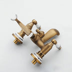 Antique Brass Wall Mounted Bathroom Tub Faucet Dual Ceramics Handles Telephone Style Hand Shower, Blue and White Telephone Shower, Telephone Shower + Fixed Seat, Telephone Shower + Blue and White Fixed Seat
