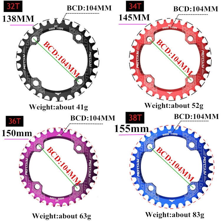 MOTSUV Round Narrow Wide Chainring MTB Bicycle 104BCD Tooth Plate Parts, Disk 32T, Disk 34T, Disk 36T, Disk 38T, Elliptic plate 32T