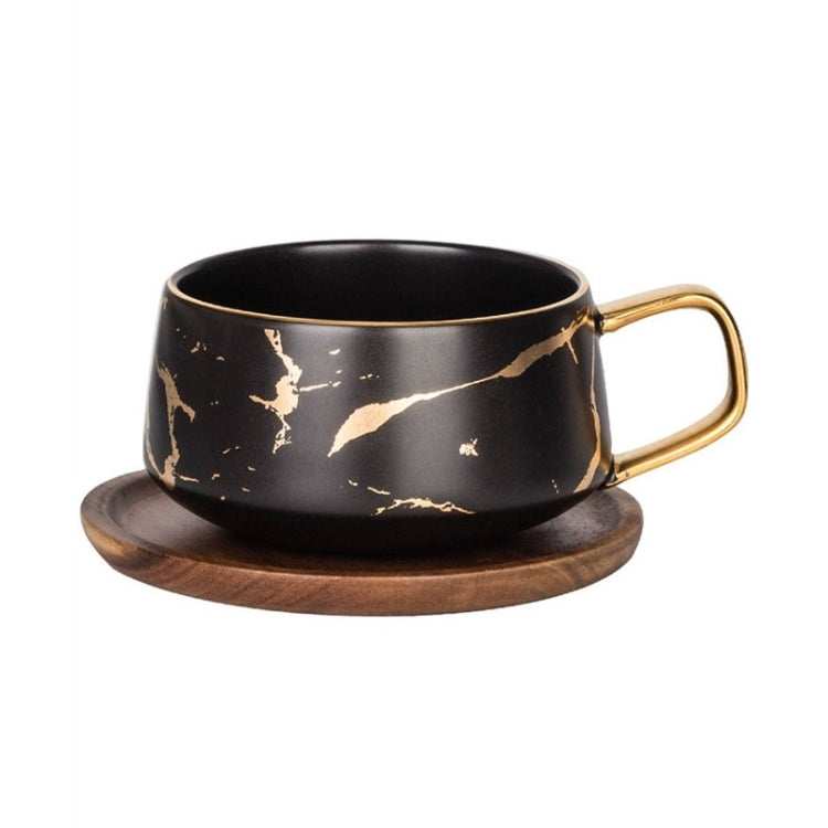Marble Matte Gold Series Ceramic Tea Cup Coffee Mug With Wooden Lid Or Tray – Durable Build, Easy to Use Black with Tray