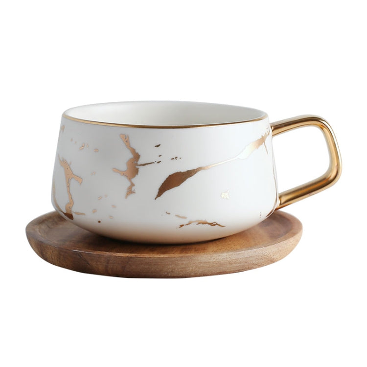 Marble Matte Gold Series Ceramic Tea Cup Coffee Mug With Wooden Lid Or Tray – Durable Build, Easy to Use White with Tray