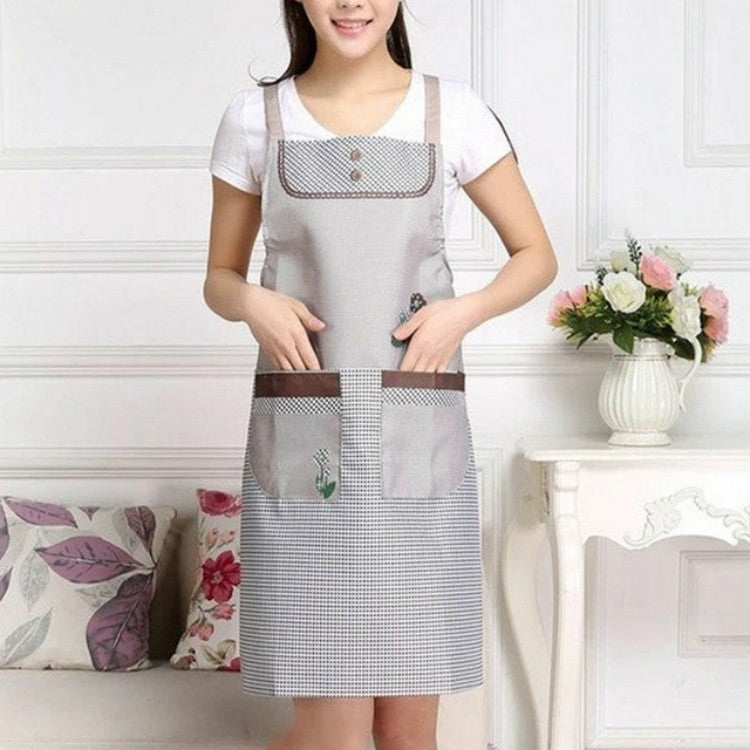 Home Adult Sleeveless Waterproof Grid Anti-oil Aprons with Double Pocket Coffee Color