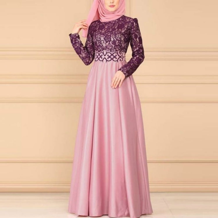 Lace Stitching Retro Large Swing Dress Ethnic Style Long-Sleeved Slim Dress, S, M, L, XL S Pink