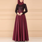 Lace Stitching Retro Large Swing Dress Ethnic Style Long-Sleeved Slim Dress, XXL, XXXXL, XXXXXL, XXXL