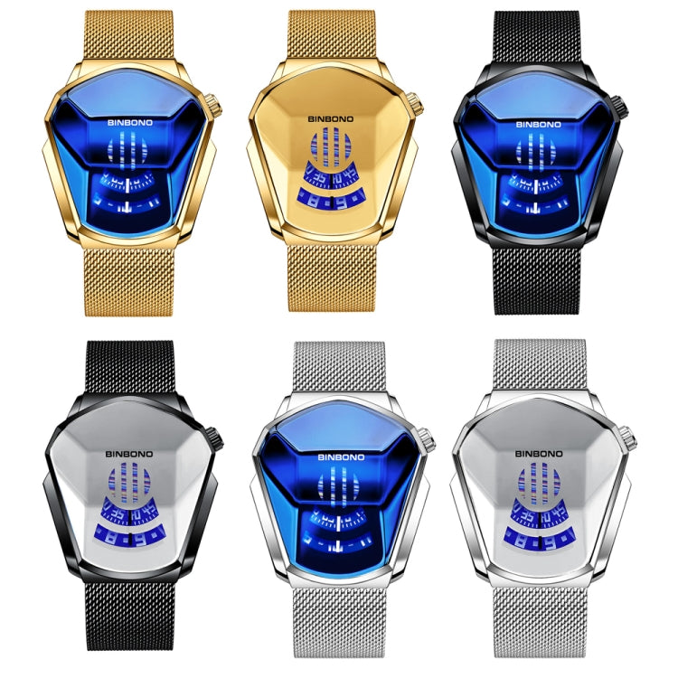 BINBOND Locomotive Concept Watch Men Live Black Technology Watch, Gold Net Belt Full Gold Blue Face, Gold Net Belt Full Gold Gold Face, Black Net Belt Black Steel Blue Face, Black Net Belt Black Steel White Face, White Net Belt White Steel Blue Face...