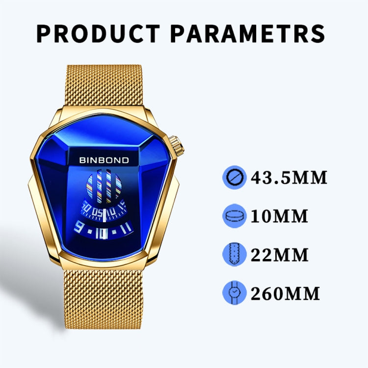 BINBOND Locomotive Concept Watch Men Live Black Technology Watch, Gold Net Belt Full Gold Blue Face, Gold Net Belt Full Gold Gold Face, Black Net Belt Black Steel Blue Face, Black Net Belt Black Steel White Face, White Net Belt White Steel Blue Face...