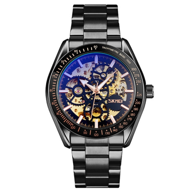 SKMEI 9194 Men Automatic Skeleton Mechanical Steel Band Watch, Black, Silver, Golden Black Face, Rose Gold, Golden Gold Face Black