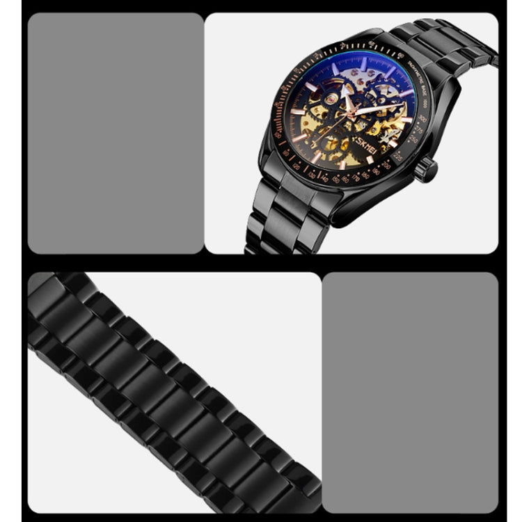 SKMEI 9194 Men Automatic Skeleton Mechanical Steel Band Watch, Black, Silver, Golden Black Face, Rose Gold, Golden Gold Face