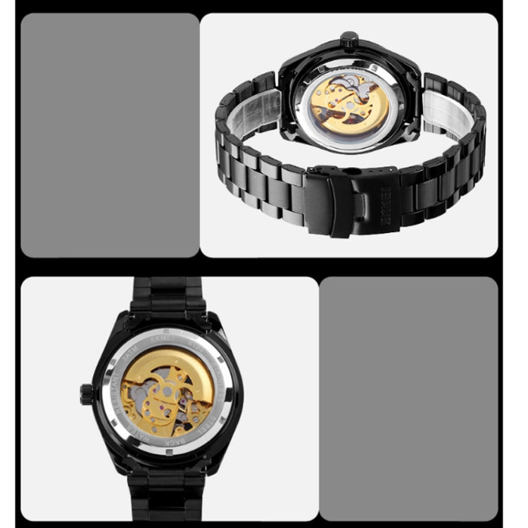 SKMEI 9194 Men Automatic Skeleton Mechanical Steel Band Watch, Black, Silver, Golden Black Face, Rose Gold, Golden Gold Face