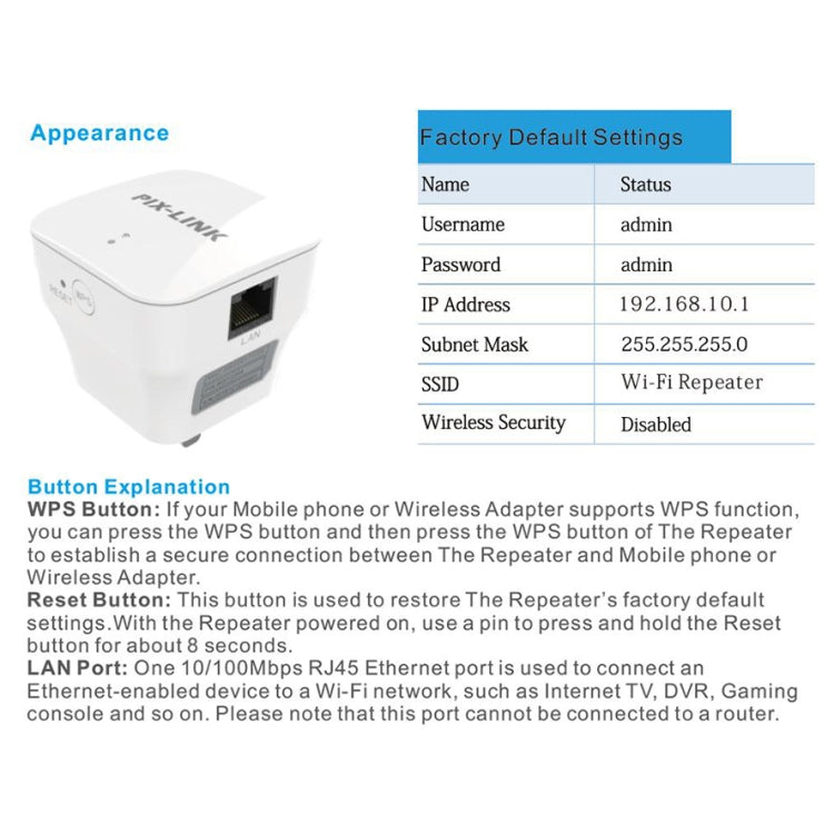 PIXLINK WR12 300Mbps WIFI Signal Amplification Enhanced Repeater, EU Plug, UK Plug, US Plug, AU Plug – Wear-resistant