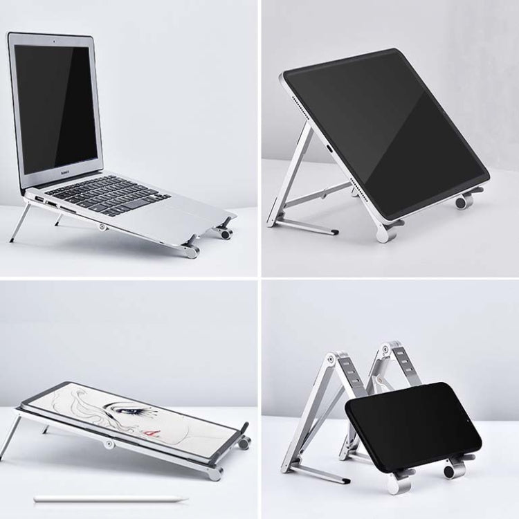 Metal Laptop Stand Computer Cooling Folding Mini Flat Raised Bracket, Gray, Silver – Aluminum Alloy, Non-slip