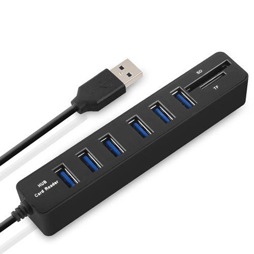 Multi USB 2.0 Hub USB Splitter High Speed 6 Ports with TF SD Card Reader – Durable Build, Easy to Use Black